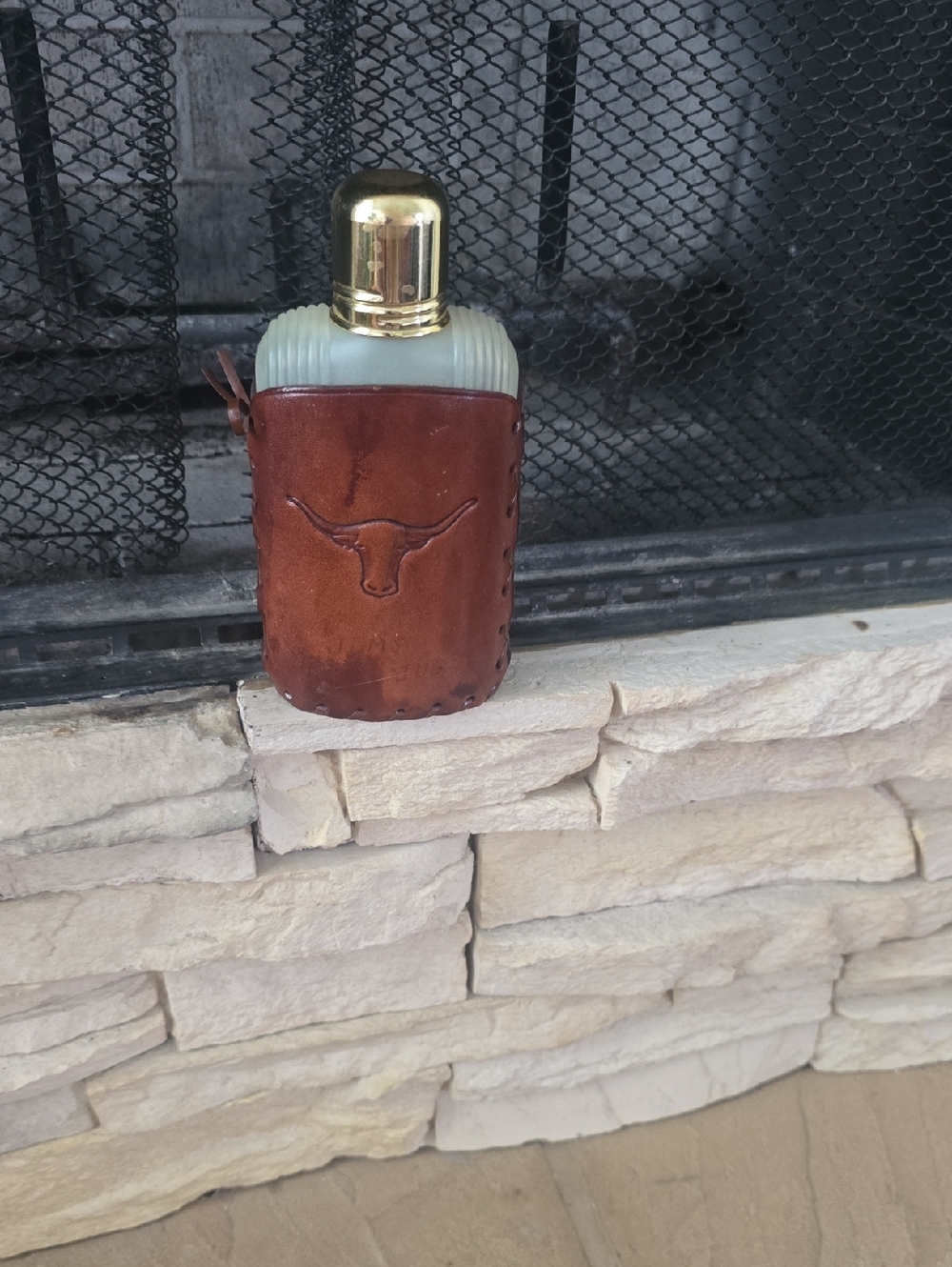 Libbey Brown Leather-Covered Flask with Gold-Tone Cap